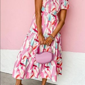 Pink Brush Smocked Ruffle Tiered Dress